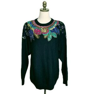 Vintage 80's Alfred Dunner Flashy Sequin Beaded Pullover Sweater Size M Party